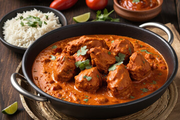 Fototapeta premium A warm bowl of homemade chicken curry served with steaming hot rice and fresh tomatoes