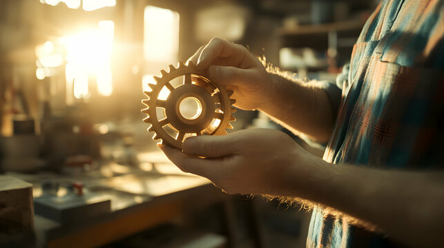 Hands Holding Metal Gear in Warm Workshop Light for Mechanical Art