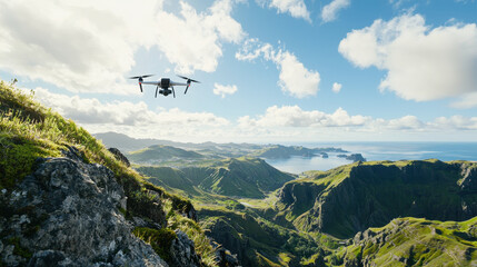 Fototapeta na wymiar Stunning aerial view of drone flying over lush green landscape, showcasing mountains and serene coastline. scene captures