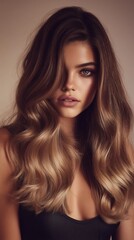 Fototapeta premium A woman with long, wavy hair in natural shades of brown and blonde.
