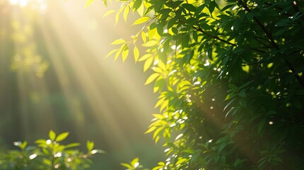 Sunlight streams through lush green leaves creating a serene ambiance