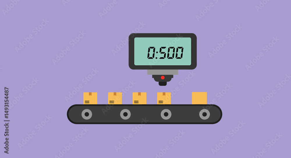 Poster animated conveyor belt with boxes and time display