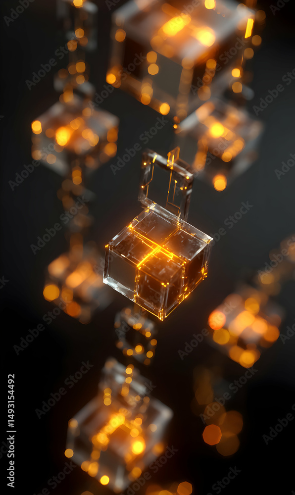 Poster abstract glowing cubes hovering in the dark space creating an aesthetic modern futuristic design