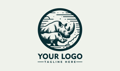 Rhinoceros wildlife emblem, detailed nature illustration of two rhinos in a circular sketch style

