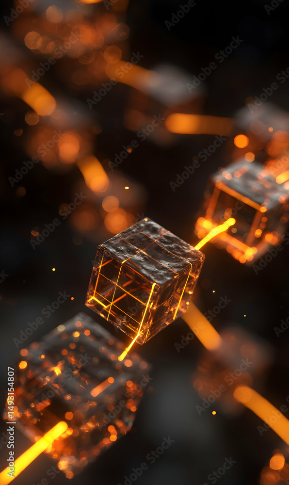 Poster abstract futuristic blockchain technology illustration with glowing cubes interconnected in digital 