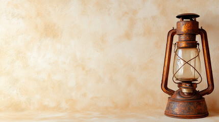 Antique oil lantern with rustic design, featuring soft beige background that enhances its vintage charm
