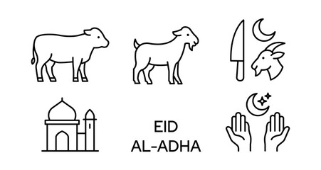 Eid al-adha islamic icon set, celebration muslim icon set vector minimalist 