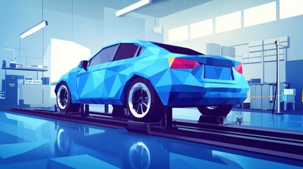 Obraz premium Blue car on testing track in a modern workshop