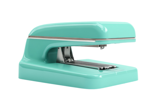 A retro aqua stapler evoking mid century office charm and a touch of nostalgia for simpler on transparent background