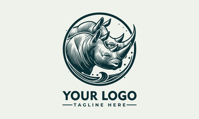 Rhinoceros wildlife emblem, detailed nature illustration of two rhinos in a circular sketch style
