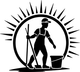 Obraz premium Cleaning Worker Emblem with Sunburst Design