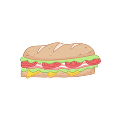 A cute illustration of a submarine sandwich. Doodle panini with tomatoes, bacon, lettuce, cheese.