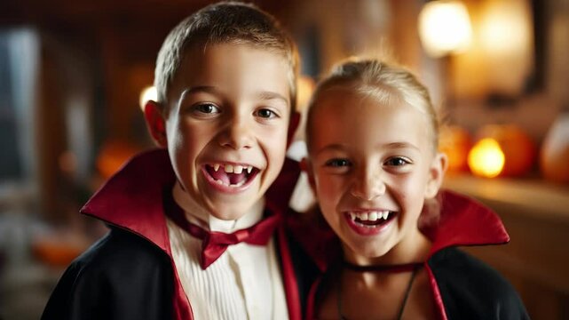 Smiling kids in vampire costumes showing fake fangs at Halloween party