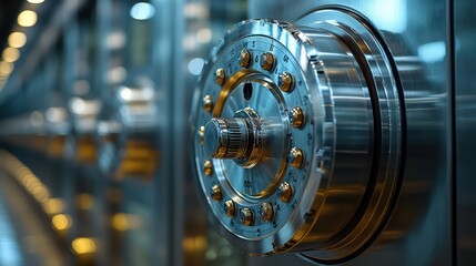 Close-up of bank vault’s combination lock turning, focusing on secure steel door mechanism.