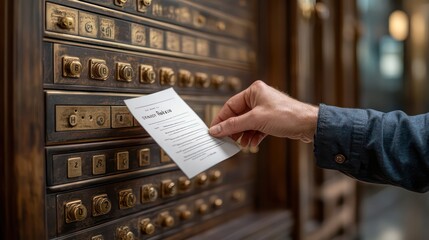 Bank teller inserts financial document into secure safe deposit box with metallic interior.

