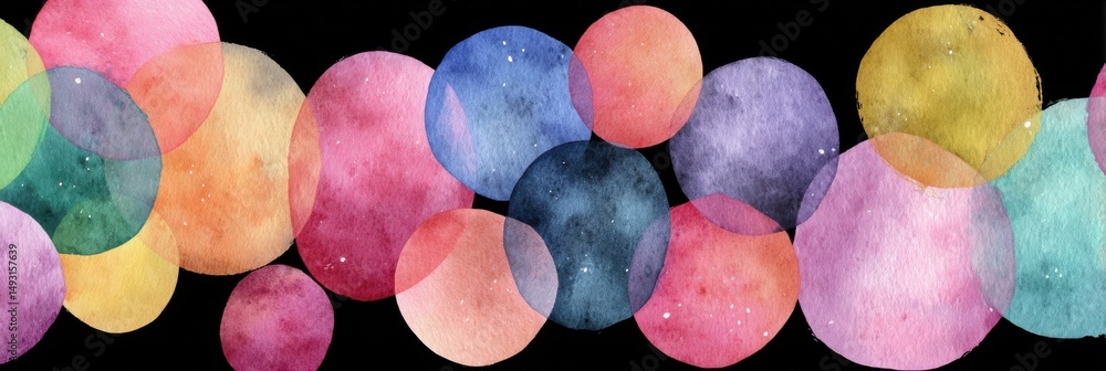 Fototapete watercolor circles overlapping on black canvas, ideal for artistic expression and creative backgroun