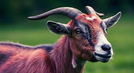 Fototapeta premium goat, red goat, brown goat, Portrait of a Red Goat in a Green Field