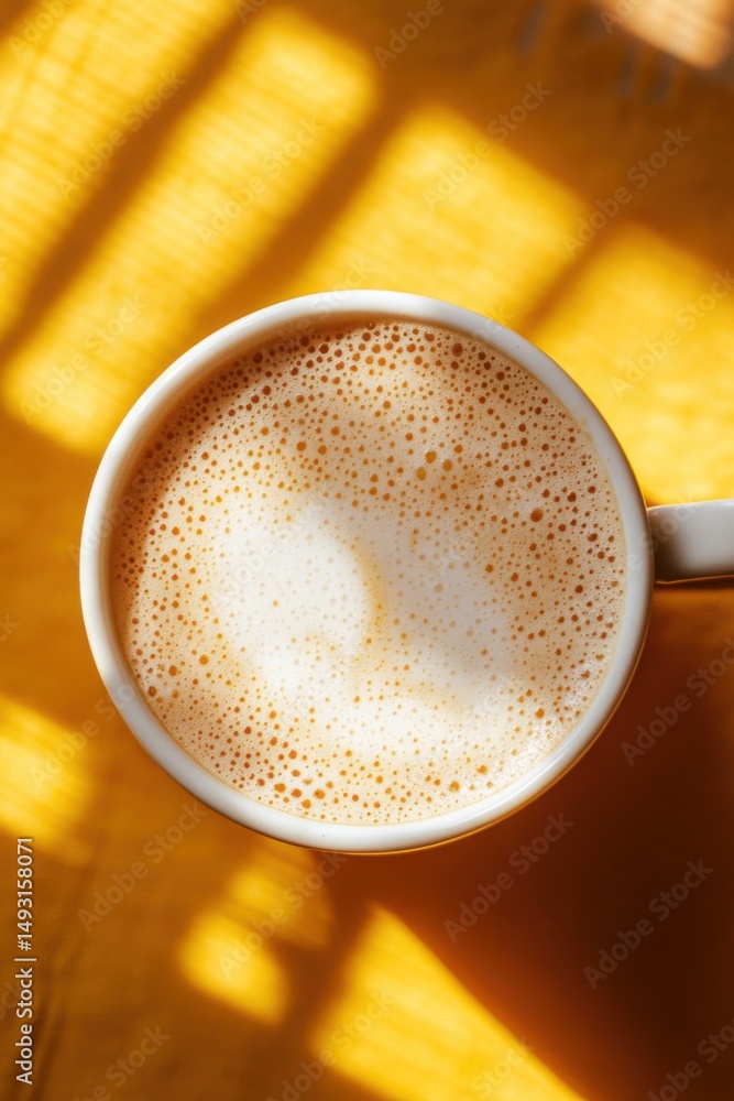 Poster overhead shot of latte art in white mug on yellow table with window light creating shadows morning c