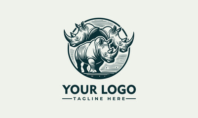 Obraz premium Rhinoceros wildlife emblem, detailed nature illustration of two rhinos in a circular sketch style 