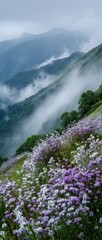 Obraz premium Purple and White Wildflowers on Misty Mountain Slope, Showcasing Natural Beauty and Environmental Awareness for Conservation Campaigns : Generative AI