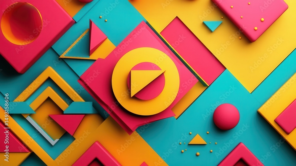 Poster graphic design with vibrant color-blocking of shapes like triangles, squares, and circles, arranged 