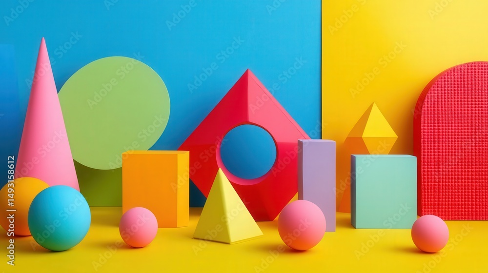 Poster graphic design with vibrant color-blocking of shapes like triangles, squares, and circles, arranged 