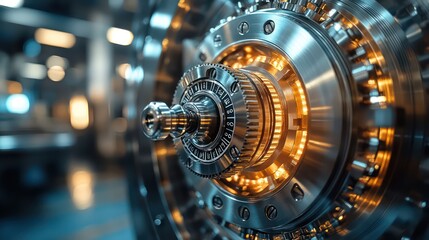 Close-up of bank vault’s combination lock turning, focusing on secure steel door mechanism.