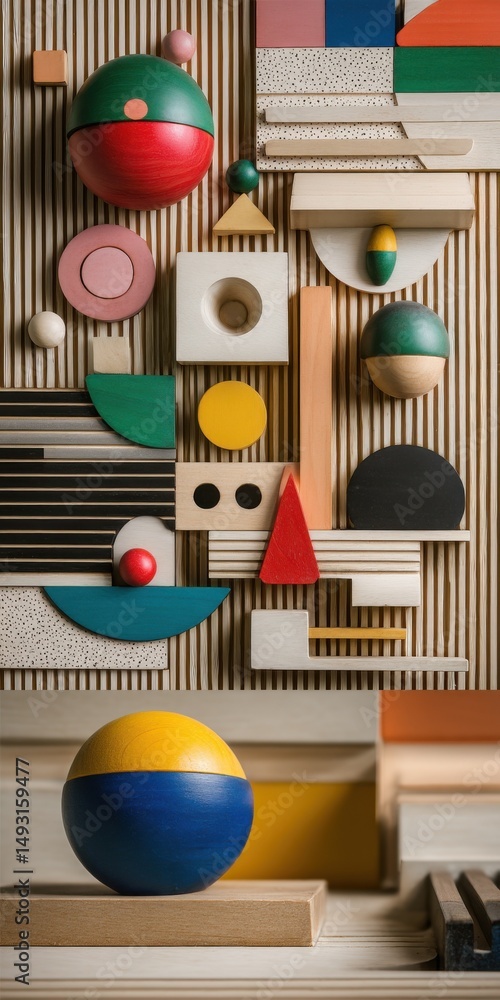 Aufkleber geometric wood shapes arranged on striped wall, symbolizing creativity and abstract thinking in desi