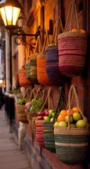 Fototapeta premium Colorful Woven Baskets Filled With Fresh Produce Hanging on Brick Wall, Representing Local Market and Sustainable Shopping : Generative AI