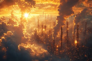 Futuristic Cityscape with Smokestacks and Dramatic Sunset Clouds in a Sci-Fi Atmosphere