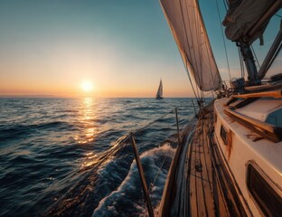 Sailing Yacht at Sunset on Open Water, Representing Adventure and Maritime Tourism, With Another Sailboat in the Distance and Waves Crashing Against the Hull : Generative AI