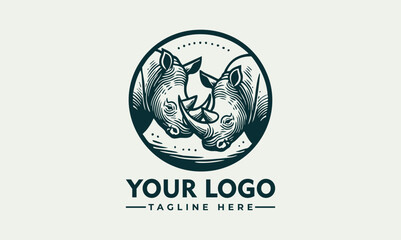 Rhinoceros wildlife emblem, detailed nature illustration of two rhinos in a circular sketch style
