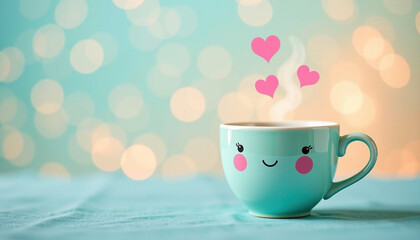 Cute, smiling cup with hearts and steam, set against soft, blurred background, evokes warmth and joy
