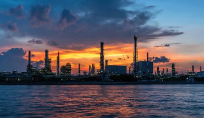 Obraz premium Industrial Plant at Sunset Reflecting on Water, Illustrating Energy Production and Environmental Impact : Generative AI