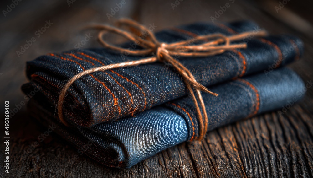 Poster Stack Of Folded Denim Cloths Tied With Twine On Rustic Wood, Representing Craftsmanship and Sustainable Living, Perfect For Textile Design and Fashion Promotion : Generative AI