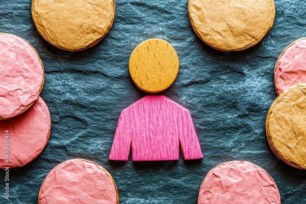 Poster colorful wooden figure surrounded by circular shapes on dark background representing individuality a