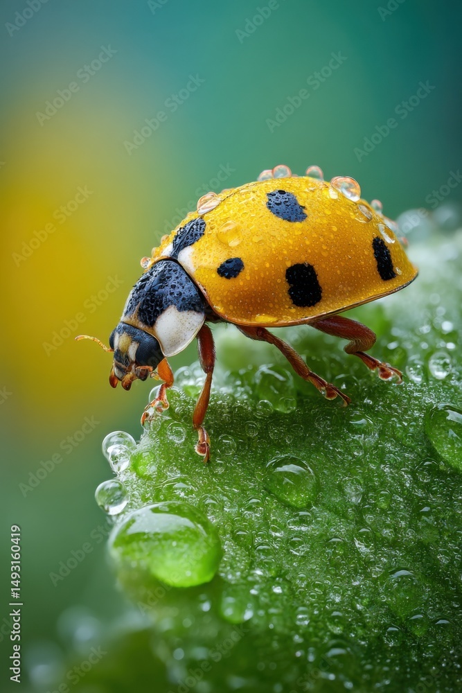 Poster yellow ladybug covered in dew drops on a green leaf, symbolizing nature's resilience and environment