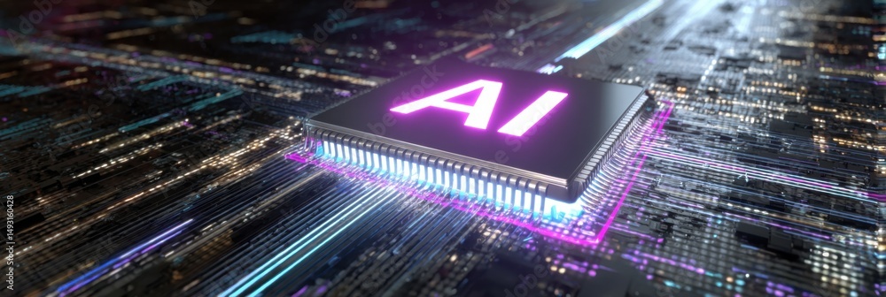 Poster Glowing Ai Chip on Circuit Board, Illustrating Technological Advancement and Digital Transformation in the Age of Artificial Intelligence, Data and Innovation : Generative AI