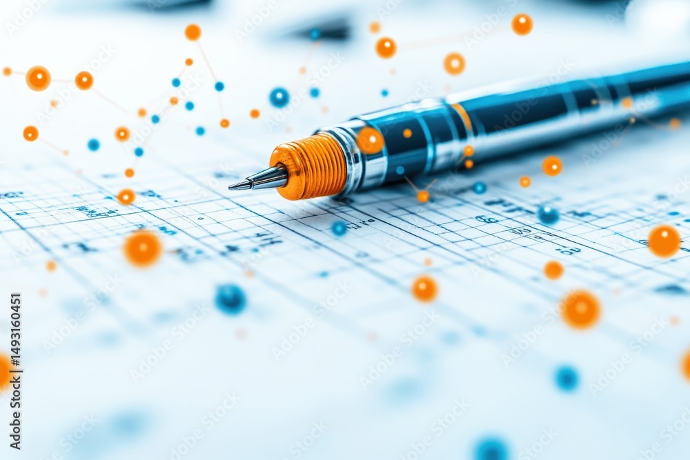 Poster conceptual image of writing instrument with connecting dots on graph paper, symbolizing data analysi