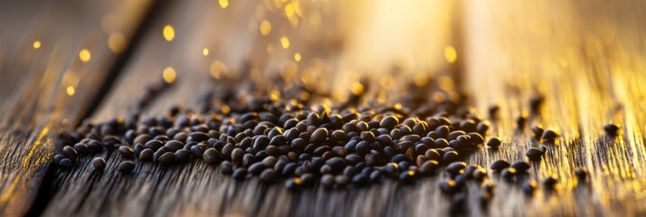Tiny seeds on wood, glowing with natural vitality, soft focus background. Essence of life and growth in nature's simplicity.