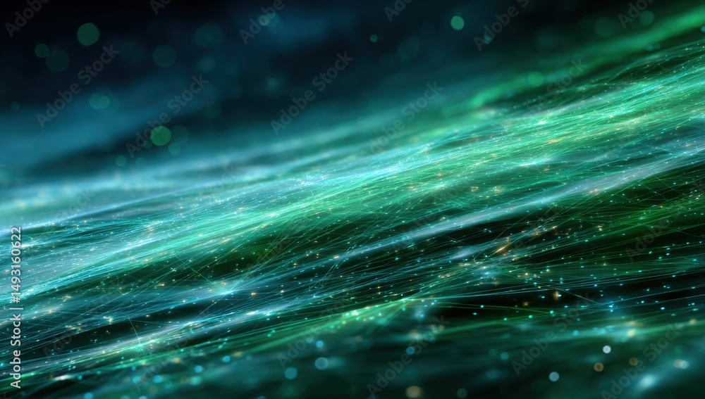 Poster Abstract Network of Glowing Lines in Green and Blue, Representing Connectivity and Digital Transformation for Modern Technology Solutions : Generative AI