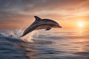 Fototapeta premium Dolphin Leaping From Ocean at Sunset, Symbolizing Freedom and Marine Conservation, Ideal for Travel and Tourism Campaigns : Generative AI