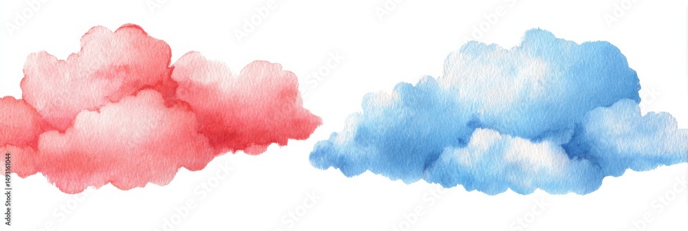 Poster watercolor clouds in red and blue on white, symbolizing weather forecasts and creative arts projects