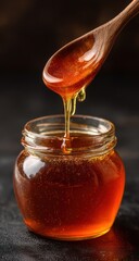 Honey Dripping From Wooden Spoon Into Glass Jar, Representing Natural Sweetness and Healthy Lifestyle Choices for Food Bloggers and Recipe Developers : Generative AI