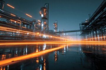 Fototapeta premium Futuristic Oil Refinery at Night With Light Streaks, Illustrating Technological Advancement and Industrial Innovation for Energy Production : Generative AI