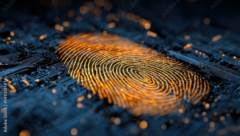 Poster Glowing Fingerprint on Circuit Board, Representing Cyber Security and Digital Identity Verification for Technology Innovation and Data Protection : Generative AI