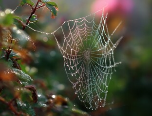 Dew-Kissed Spiderweb in a Lush Garden, Symbolizing Nature's Resilience and the Beauty of Interconnectedness, Ideal for Environmental Awareness Campaigns : Generative AI