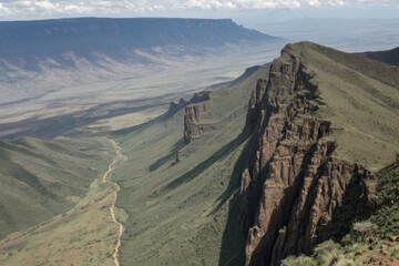 A serene landscape featuring a mountain range with a river flowing through, suitable for use in outdoor adventure or travel articles