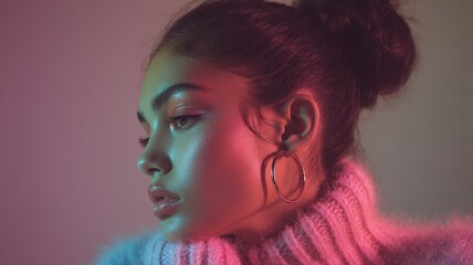 Fototapeta premium Close-Up Portrait of Young Woman with Glittering Makeup and Sparkling Earrings in Neon Light