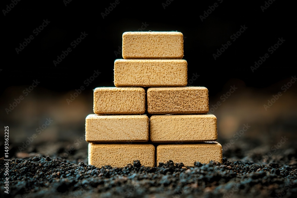 Poster stacked gold bars on dark soil surface creating a pyramid structure in an artistic display represent